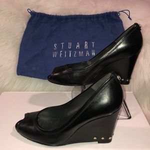 Stuart Weitzman Leather Peep-toe Wedges